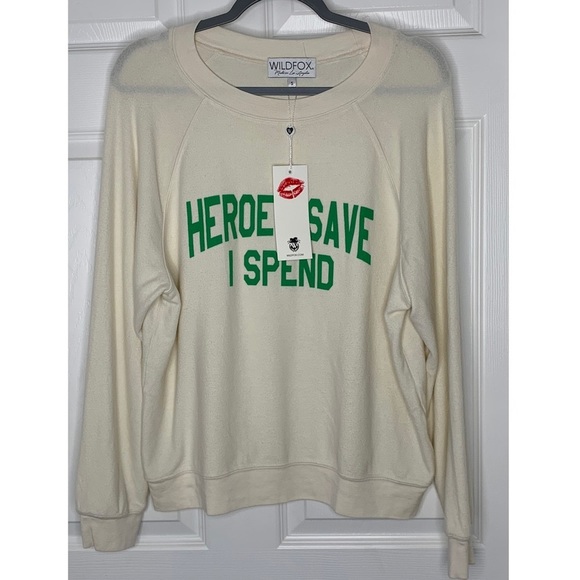 Wildfox"Heroes Save I Spend" Pullover Graphic Top - Picture 1 of 6